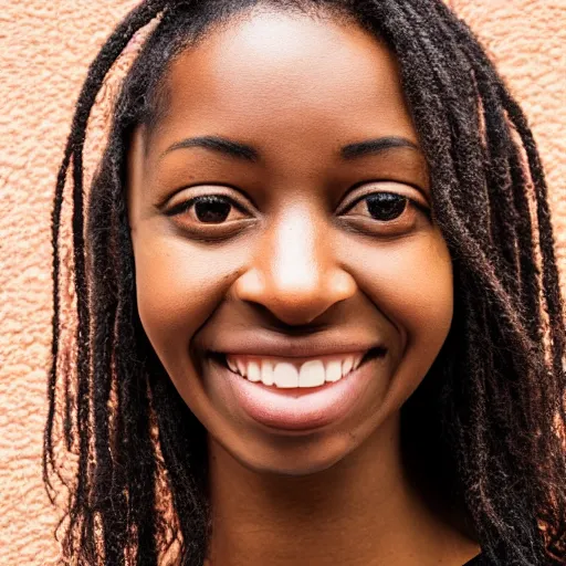 Image similar to studio photograph of a black person with japanese red eyes and a sad smile