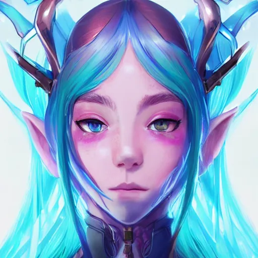 Image similar to art championship winner vivid colors trending on artstation portrait of a goddess elven mecha warrior princess, head and shoulders, blue hair, matte print, pastel pink neon, cinematic highlights, lighting, digital art, cute freckles, digital painting, fan art, elegant, pixiv, by Ilya Kuvshinov, daily deviation, IAMAG, illustration collection aaaa updated watched premiere edition commission ✨✨✨ whilst watching fabulous artwork \ exactly your latest completed artwork discusses upon featured announces recommend achievement