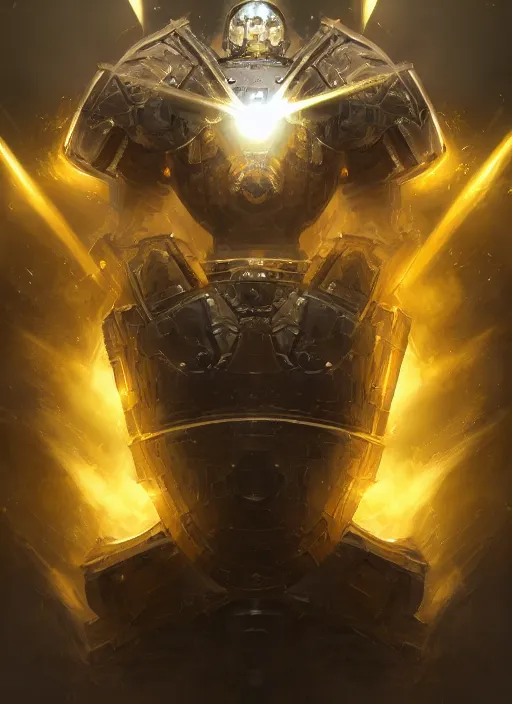 Image similar to dynamic attack position abstract portrait of a intricate glorious holy mechanical warforged character in yellow armor holding a paladin engraved great longsword drawn and carrying a big paladin shield, beam projector when eye is, face in focus, epic , trending on ArtStation, masterpiece, cinematic lighting, by Ross Tran and by Greg Rutkowski