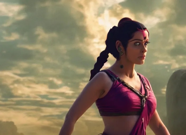 Prompt: film still of real life leela with ponytail in the new scifi movie, 4 k