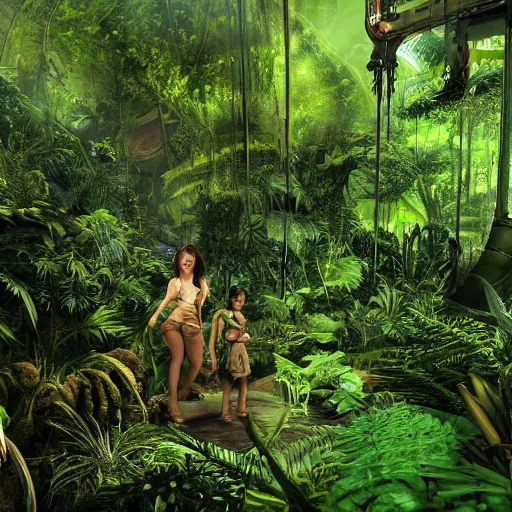 Image similar to interior shot of a lush jungle with two steam punk explorers navigating the harsh terrain,