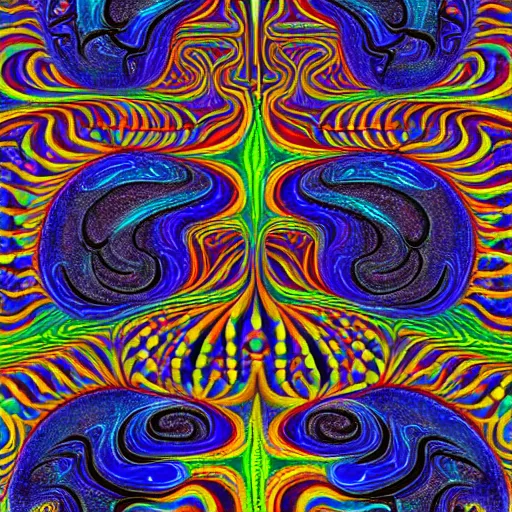 Image similar to cookie monster becomes a fractal, painted by alex grey. psychedelic visionary art, cosmic, black background, highly detailed, sharp focus