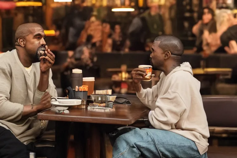 Image similar to Kanye West and Queenz Flip (2018) are best friends, drinking coffee at central perk, still photo, hyperrealistic, 35mm, 8k, by weta digital