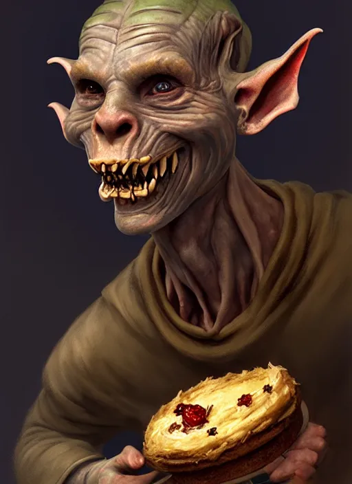 Image similar to profile face portrait of a medieval goblin eating cakes in the cloisters, beautiful face, hyper realistic, highly detailed, digital painting, artstation, illustration, concept art by hyung tae and frank frazetta, digital paint, matte paint, washed colors, dark, gloomy