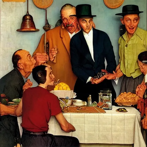 Image similar to a thin man wearing a hat entertains jesus christ with a magic trick in the kitchen, painted by norman rockwell and tom lovell and frank schoonover