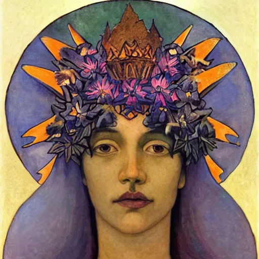 Image similar to the dawn crown, by Annie Swynnerton and Nicholas Roerich and Diego Rivera, bioluminescent skin, tattoos, wings made out of flowers, elaborate costume, geometric ornament, symbolist, soft colors, smooth, sharp focus, extremely detailed