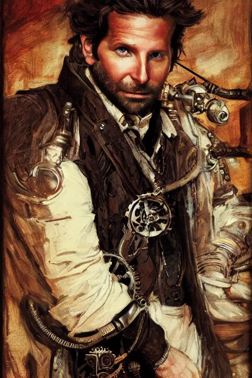 Prompt: bradley cooper, steampunk, cool tint, orientalist intricate portrait by john william waterhouse and edwin longsden long and theodore ralli and nasreddine dinet, hyper realism, dramatic lighting