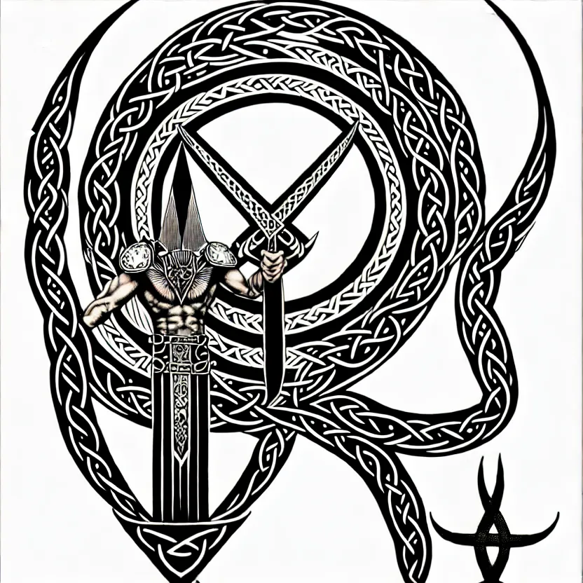 Image similar to shaded tattoo design, minimalist, knotwork with center viking warrior, extremely detailed, bold line art, by vincent di fate and joe fenton and artgerm, holding shield and sword, centered, inking, etching, screen print, inkblots of color, masterpiece, trending on artstation, sharp, high contrast, hyper realistic, hd, 4 k, 8 k