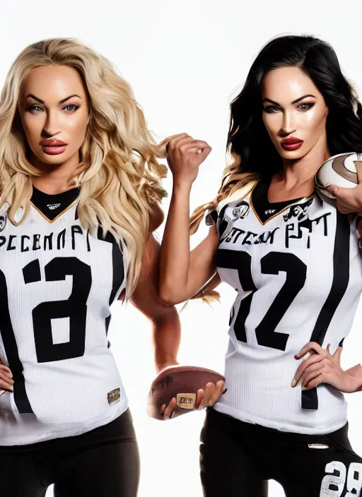 Image similar to portrait of lindsey pelas and megan fox wearing football jerseys, by charlotte grimm, studio light, detailed face, canon eos c 3 0 0, ƒ 1. 8, 3 5 mm, 8 k, medium - format print, half body shot