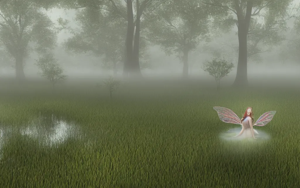 Prompt: gorgeous fairy looking into an aethereal pond in a gloomy meadow covered by fog, photorealistic, 8K rendered with octane