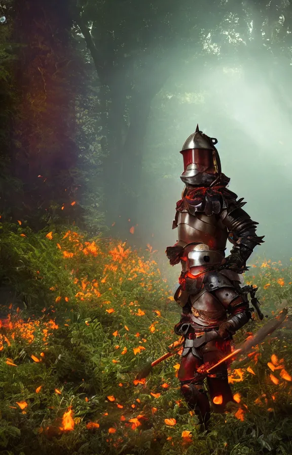 Image similar to a knight among flowers in dark forest surrounded by fire and smoke, moody, rim light, dynamic lighting, cinematic shot, gritty, ultra - detail, renderman, physically based render, greg olsen and liz lemon swindle