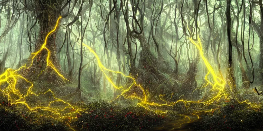 Prompt: a wizard walking through a forest of ancient neurons with yellow and red glowing synapses running through the forest fueling the matriarch of trees in the mountains, light creeps through the dense jungle, jungle mountains in the background with huge incredibly immense trees, highly detailed, hyperrealism, trending on art station, ancient forest like fanal forest or fangorn forest, misty forest, realistic painting, sharp image, hyper realistic art, highly detailed leaves, cinematic, art by konstantin razumov