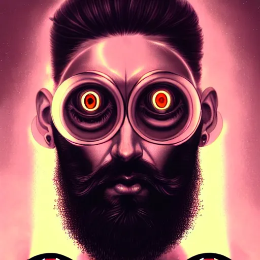 Prompt: bearded man with extremely large and intricate eye cyberpunk bionics with angry red eyes and slim features looking askance, eye cyberpunk bionics, retro futurist style, intricate, elegant gleaming intricate baroque jewelry, angelic halo, highly detailed, digital painting, artstation, concept art, smooth, sharp focus, illustration, art by wlop, mars ravelo and greg rutkowski,