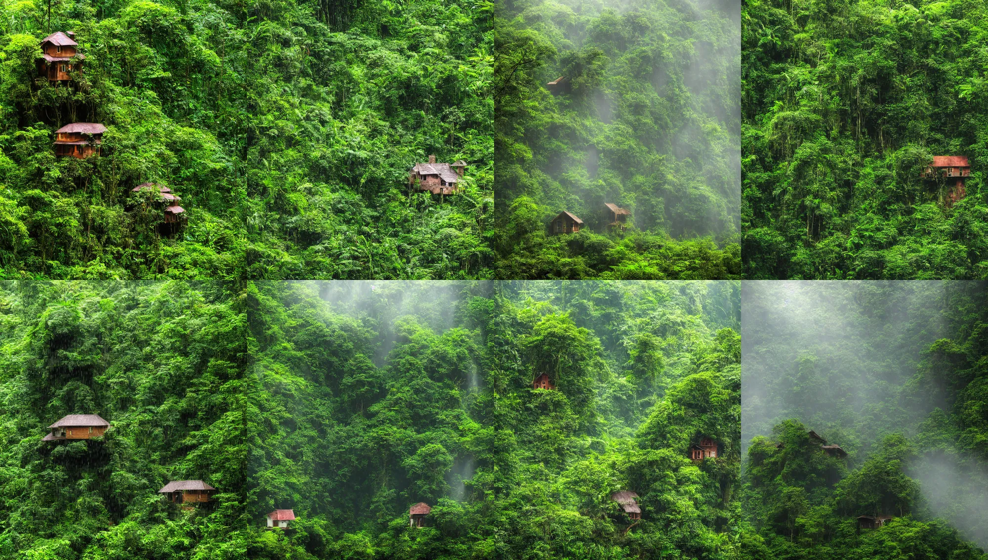 Prompt: a little house under a jungle cliff, light rain, sun - rays through high rain forest trees