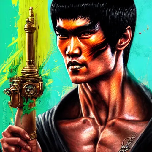 Image similar to a demon slayer portrait of bruce lee, tall, pale - skinned, and slender with lime green eyes and long eyelashes by stanley artgerm, tom bagshaw, arthur adams, carne griffiths, trending on deviant art, street art, face enhance, chillwave, maximalist, full of color, glittering