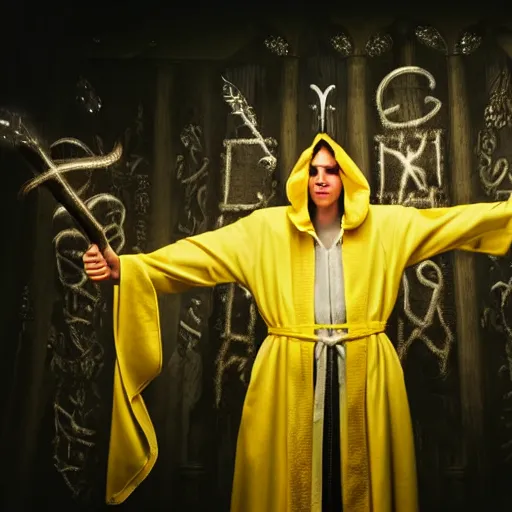 Image similar to award - winning. hyper - realistic. cinematic. 4 k. a person wearing hooded frayed yellow robes casting a spell while yellow magic runes float behind them. dark background