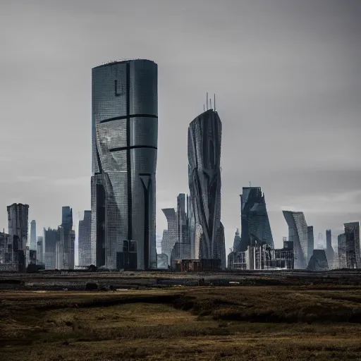 Prompt: Giant megacity looming across the landscape, dystopian, post apocalyptic, XF IQ4, f/22, ISO 200, 1/160s, 8K, RAW, unedited, symmetrical balance, in-frame