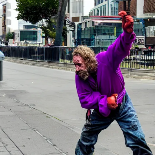 Image similar to homeless man fighting barney