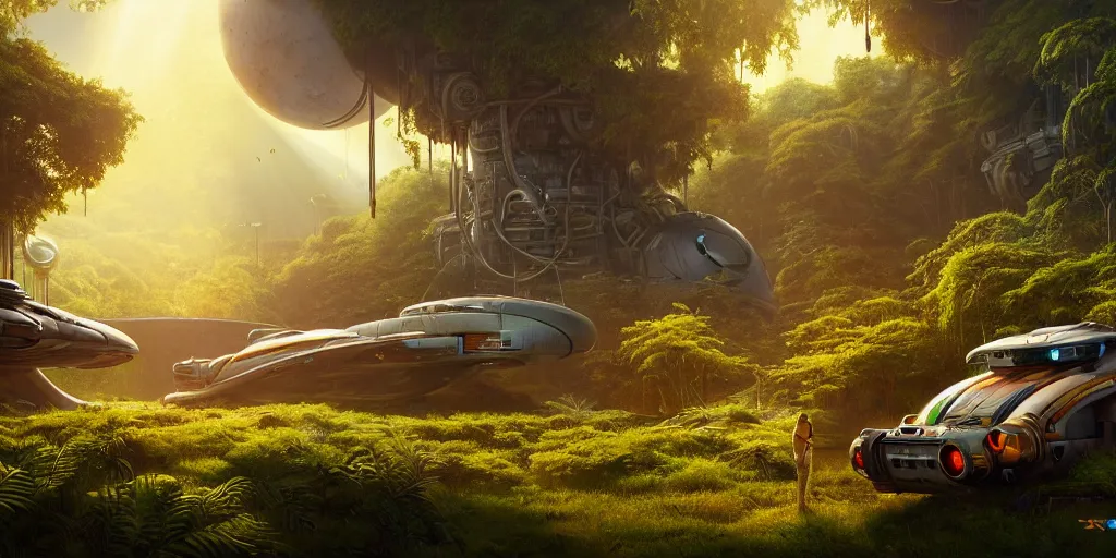 Prompt: a futuristic rusty old spaceship, on a landing pad, surrounded by a lush jungle, in the foreground two explorers are having a conversation, golden hour, sun beams, volumetric light, hyperdetailed, artstation, cgsociety, 8k