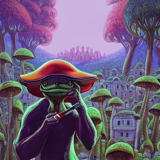 Image similar to A centered chest up portrait of a psychedelic godlike anthropomorphic frog smoking a hand-rolled cigarette smoking heavily , magic mushroom village in background . award winning. superb resolution. in the art style of junji Ito and greg rutkowski . Detailed Mushroom city in background. Hyper realistic anime. Perfect art. Dalle2