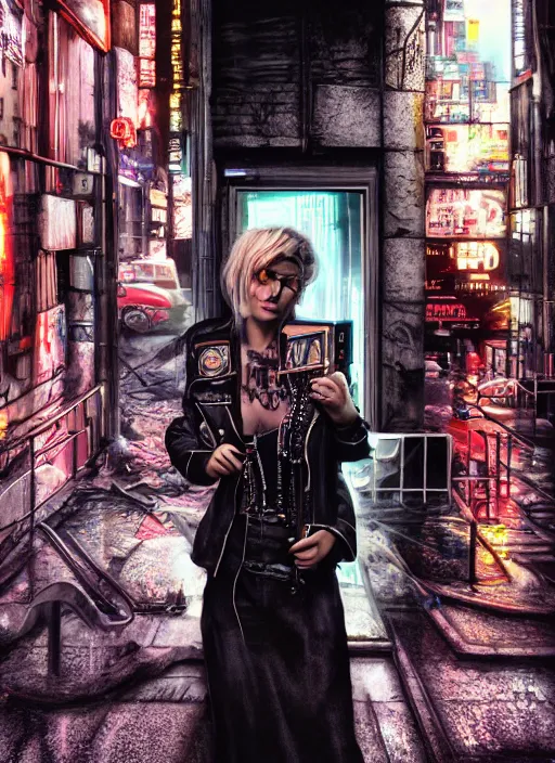 Image similar to portrait photo, 3 5 mm lomography, female doorwoman, gang clothing fashion, id magazine, hyperrealism, detailed textures, photorealistic, cyberpunk apocalyptic city, ultra realistic, cinematic, intricate, cinematic light, 8 k, david la chapelle, david kostic, artgerm