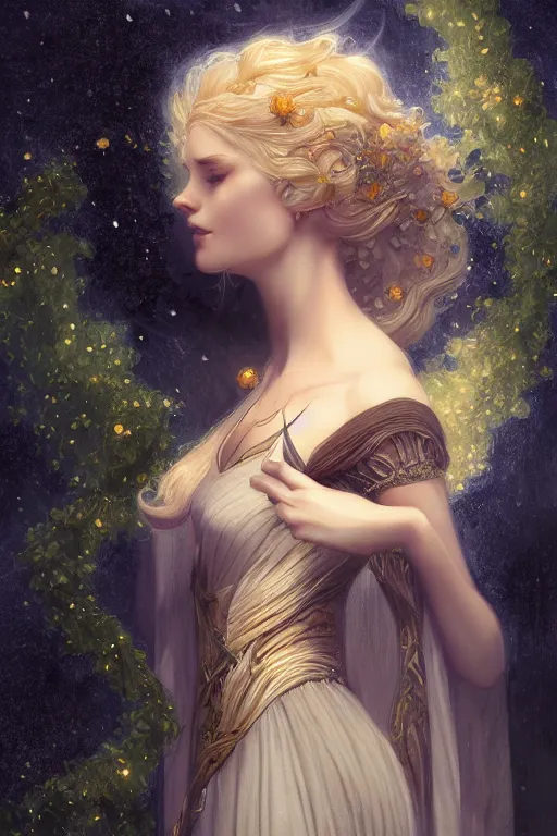 Image similar to Nocturne, glowing, stars, beautiful sly dryad, long blonde hair, highly detailed, mysterious, ethereal, autumn colored medieval gown, haute couture, illustration, dramatic lighting, soft details, painting, by Edmund Blair Leighton, Brom, Charlie Bowater, trending on artstation, faces by otto schmidt