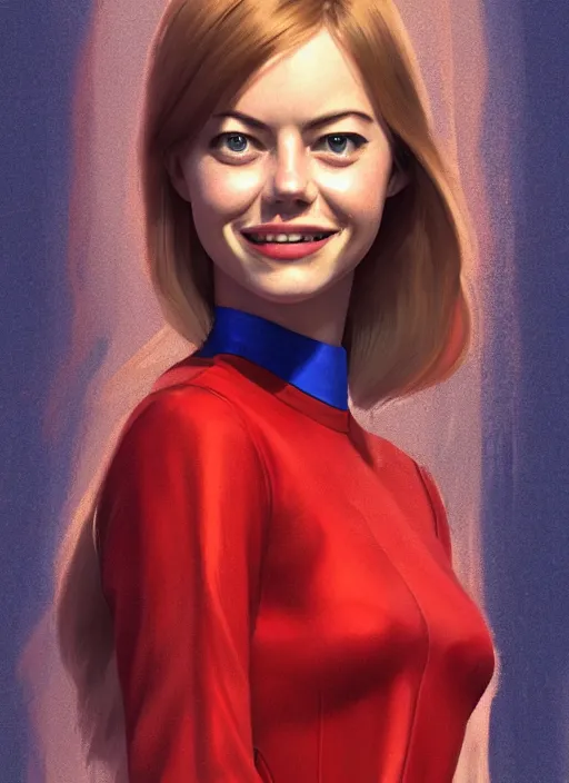 Prompt: smiling teenage emma stone in red futuristic jumpsuit with blue collar, portrait, highly detailed, starwars, trending on artstation, characterdesign, sharp focus, illustration, digital matte painting, art by greg rutkowski