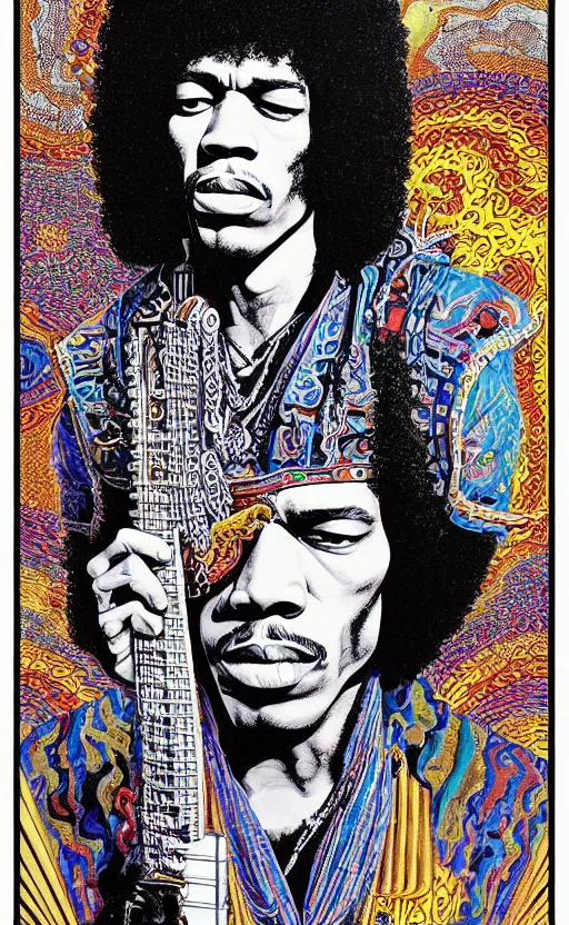 Prompt: an awesome jean giraud graphic art of jimi hendrix in the style of a renaissance masters portrait, mystical and new age symbolism and tibetan book of the dead imagery, intricately detailed, 4 k