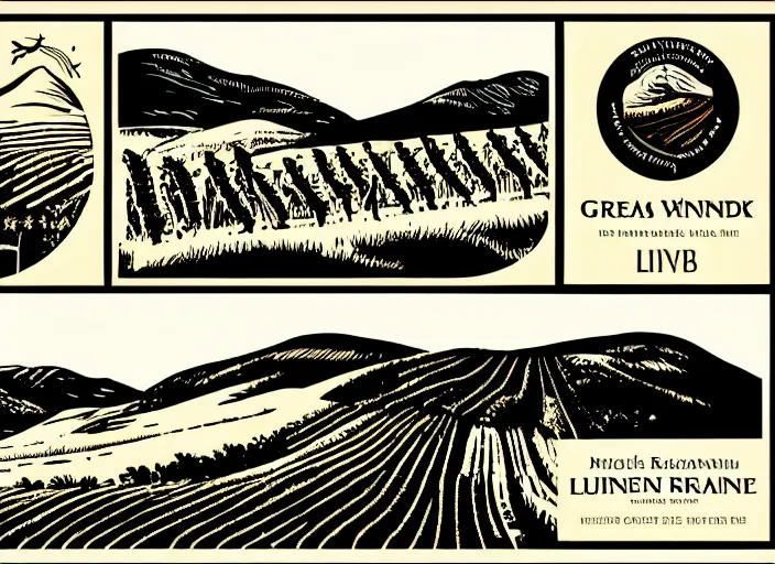 Image similar to wine label template, vector graphic, linocut vineyard landscape by greg rutkowski, fine details, highly detailed