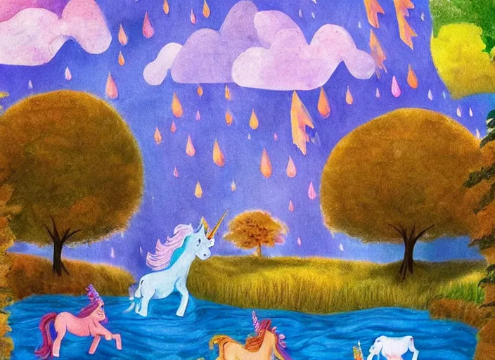 Image similar to unicorns in an autumnal landscape, river and waterfalls, pretty tree with fruits, tormented sky with rain in the background, immaculate horns, little pixies and goblins playing, inspired by clark amanda and corfield paul