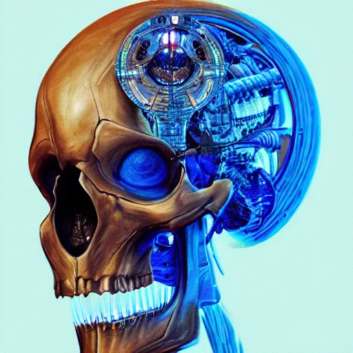 Image similar to hyperdetailed robotic skeleton head with blue human eyes, human eyes, symetry, golden ratio, iconography, intricate, detailed, volumetric lighting, scenery, digital painting, highly detailed, artstation, sharp focus, illustration, artstation, detailed cel shaded