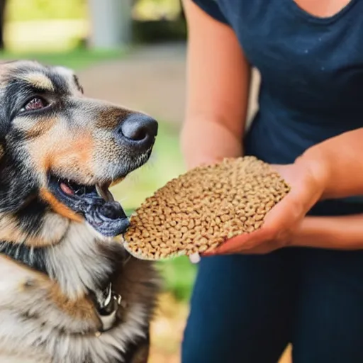 Prompt: a dog with one human leg being given wheat treats