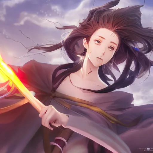 Image similar to portrait of barthomolei lorelei wielding the element of supreme magecraft, wind, anime fantasy illustration by tomoyuki yamasaki, kyoto studio, madhouse, ufotable, trending on artstation