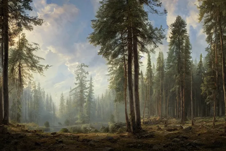 Image similar to A beautiful painting of russian village in dark forest by ivan shishkin and arkhip kuindji, trending on artstation,matte painting