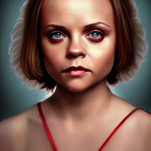 Prompt: fullbody potrait of christina ricci in as an angel, hyper realistic, digital painting. art station. mood lighting, highly detailed, concept art, intricate, sharp focus, by shaun berke - h 1 2 0 0