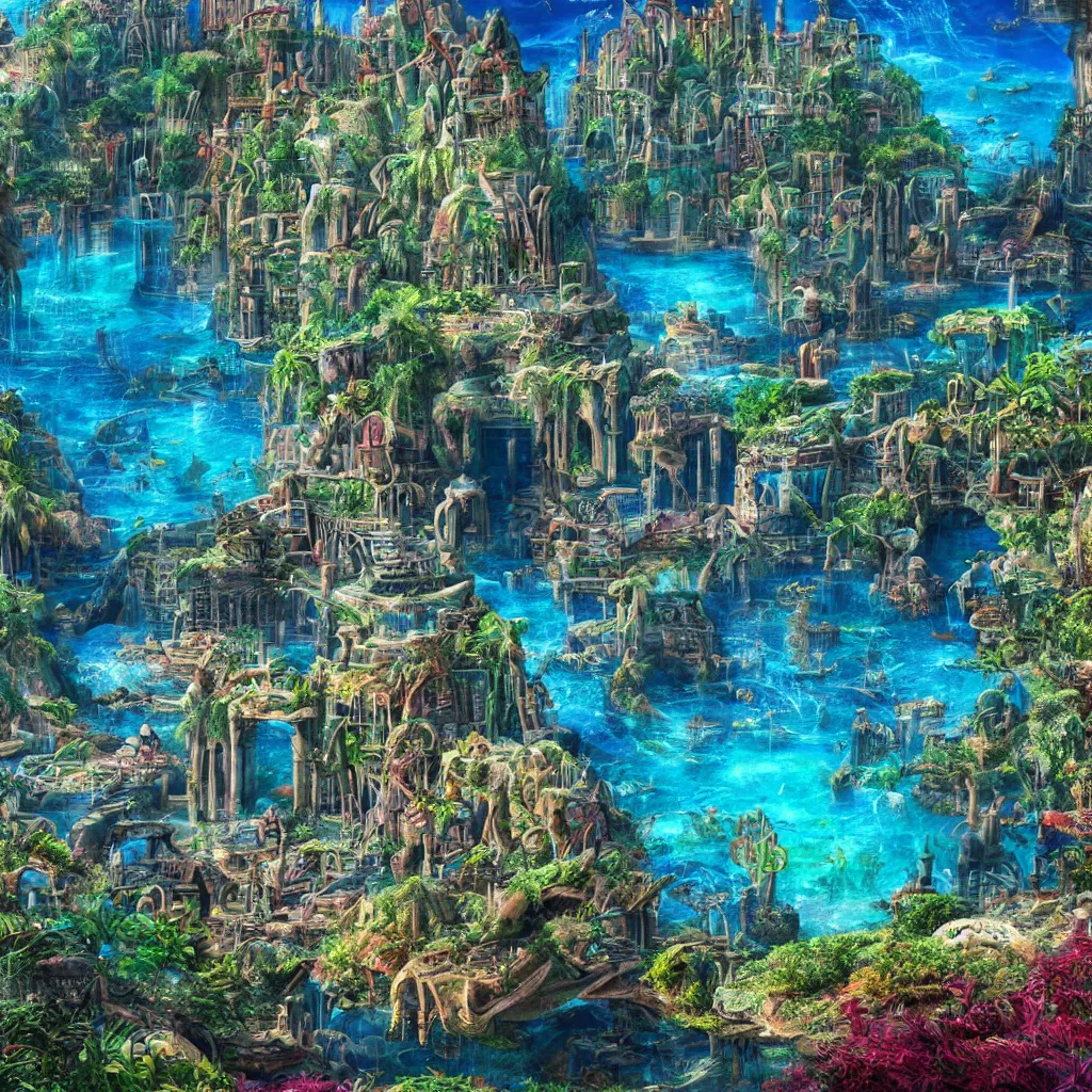 Image similar to lost city of atlantis, hyper realism, colorful, 8 k, realistic, psychedelic