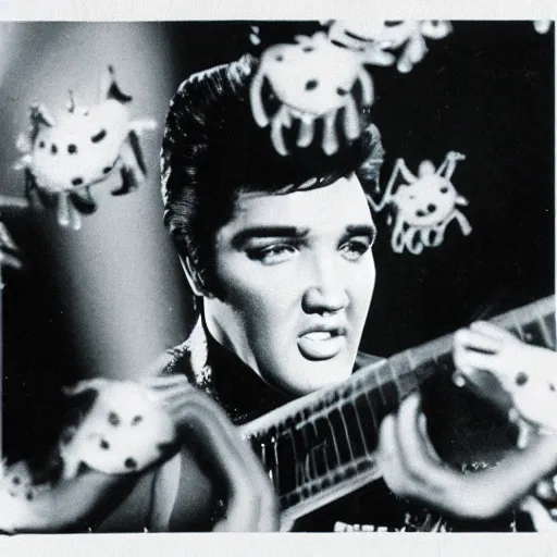 Prompt: black and white photograph of elvis dancing surrounded by teal aliens