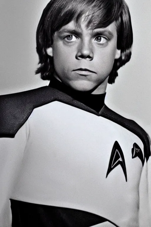 Prompt: photorealistic!! young mark hamill as a star trek captain, red starfleet uniform, film quality