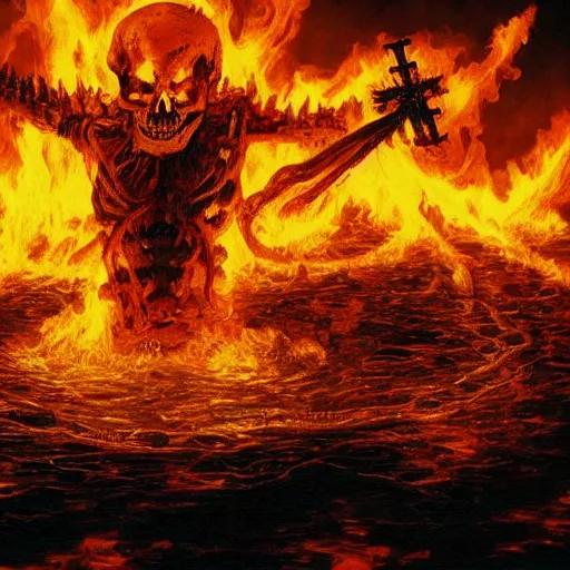 Prompt: A skeleton demon in flames made of ethernet cables floating above a lake of fire in Hell, small crosses floating in the background, by Greg Rutkowski