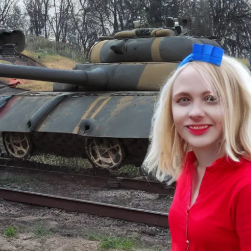 Image similar to slavic happy blond girl standing in front of remains of house and tanks with russian flags