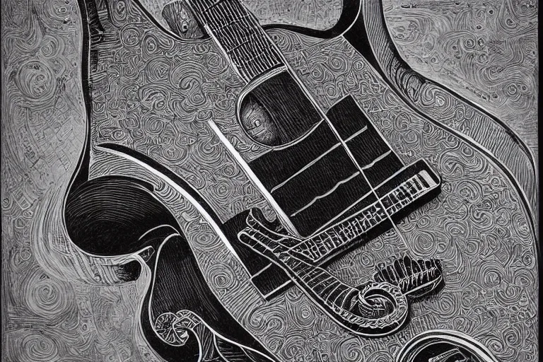 Prompt: blueprint for a guitar designed by Joe Fenton, black ink on textured paper, high detail, sketch, realistic, intricate, technical, art by Joe Fenton and syd mead