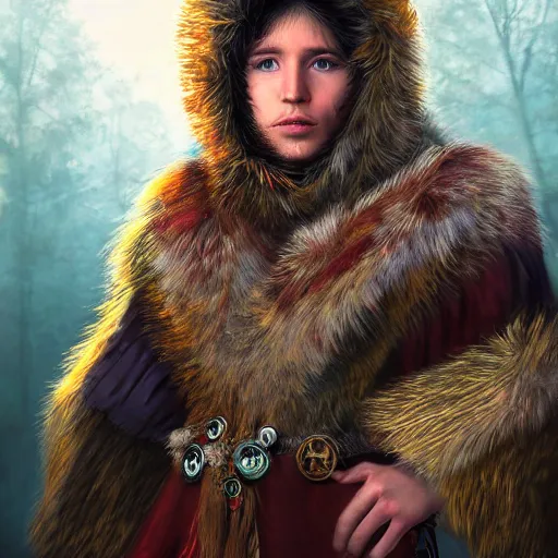 Prompt: Bjørn Skalldrasson, a young male shaman wearing a bearskin cloak festooned with trinkets and amulets, portrait, shaggy haircut, 8k resolution, full-length portrait, digital painting, fantasy illustration, D&D character art