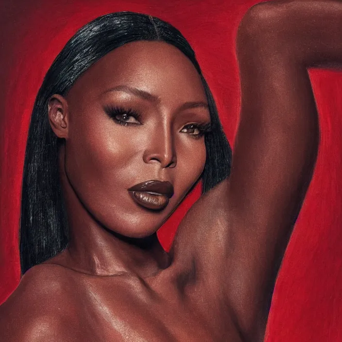 Prompt: Naomi Campbell by Elizabeth Catlett. details, smooth, sharp focus, illustration, realistic, cinematic, artstation, award winning, rgb , unreal engine, octane render, cinematic light, macro, depth of field, blur, red light and clouds from the back, highly detailed epic cinematic concept art CG render made in Maya, Blender and Photoshop, octane render, excellent composition, dynamic dramatic cinematic lighting, aesthetic, very inspirational, arthouse.