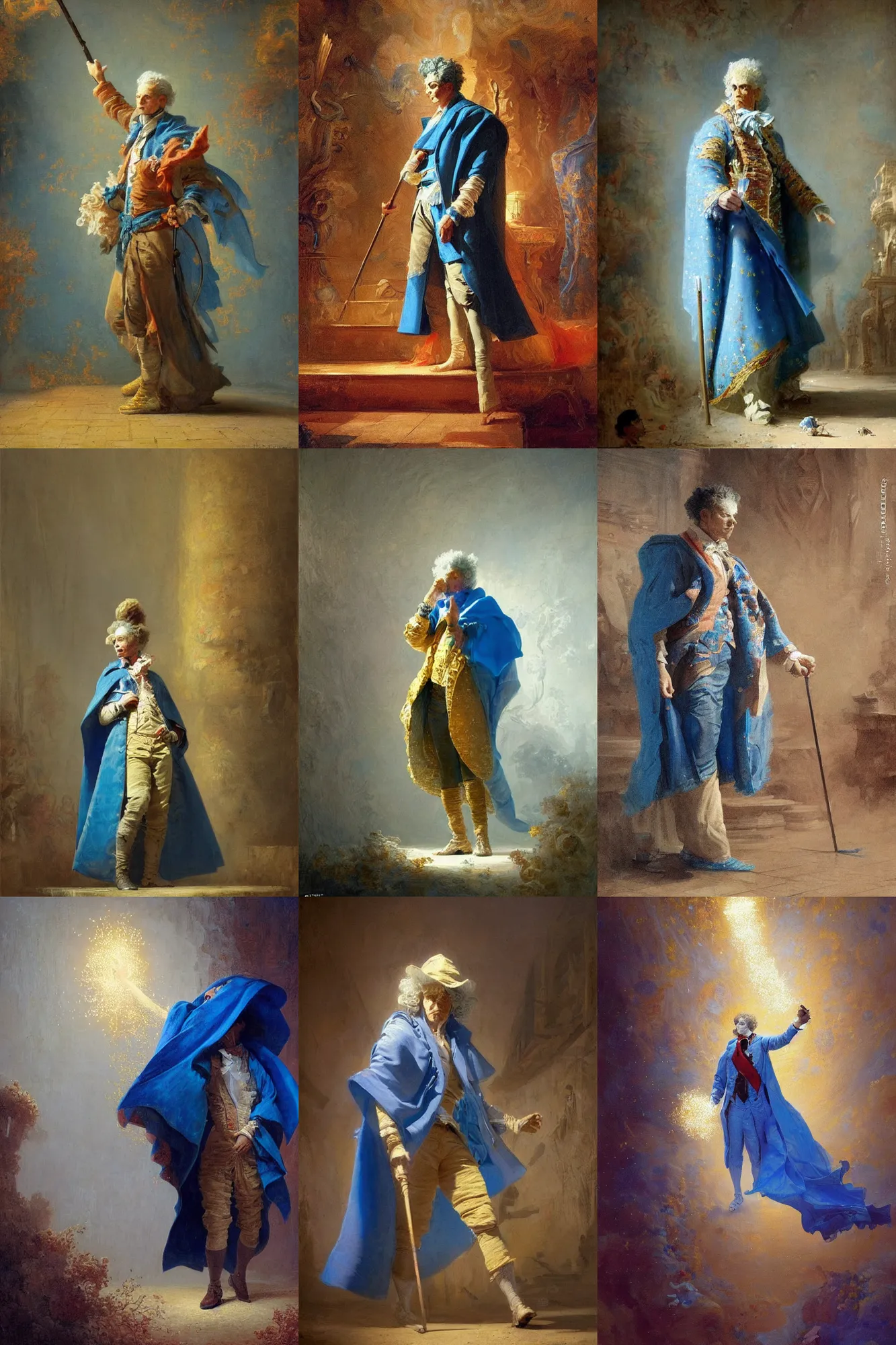 Prompt: a mage with a blue cape, stars, sincere, modern maximalist suit, is ( ( holding a cane ) ). light dust, magnificent, hyperdetailed, theatrical, painted by jean honore fragonard and greg rutkowski