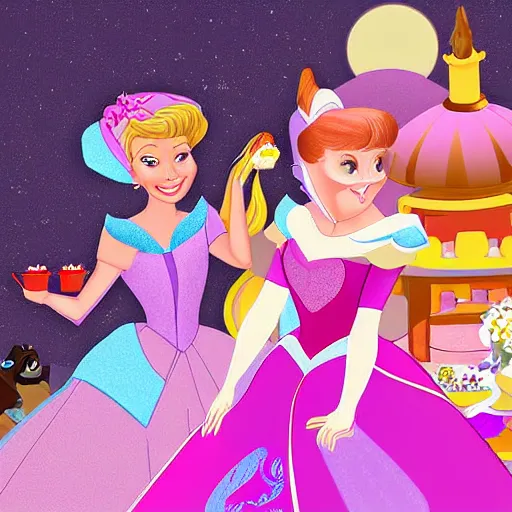 Prompt: digital art illustration of a princess tea party with aurora, belle, and cinderella