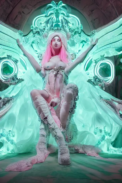 Prompt: photo of fullbody rococo and cyberpunk delicate neon crystalline sculpture of beautiful curvy onyx albino marble goddess as mint iridescent humanoid deity wearing pink plastic hooded cloak holding an onyx skull in a onyx space dungeon, reclining, glowing yellow face, crown of white diamonds, cinematic lighting, photorealistic, octane render 8 k depth of field 3 d