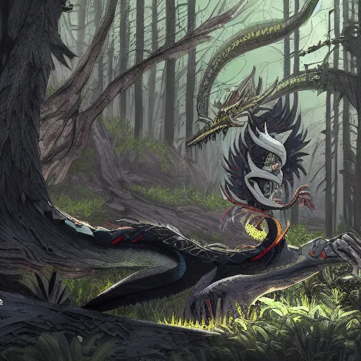 Image similar to concept art painting of an anthropomorphic dragon king with black robes, a long neck, and skull mask, in a deep forest, cel shaded, in the style of makoto shinkai and james gurney and studio ghibli and moebius