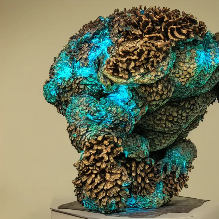 Prompt: hyperrealistic sculpture of a bronze fossilized ancient pinecone snapping turtle sprayed with saffron and deep blue and grass green spraypaint and walnuts in a grid cage on a pedestal by ron mueck and duane hanson and lee bontecou, hyperrealistic dramatic colored lighting trending on artstation 8 k