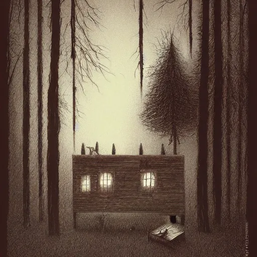 Image similar to a Illustration of a Eerie cabin in the middle of the woods in the style of Beksinski