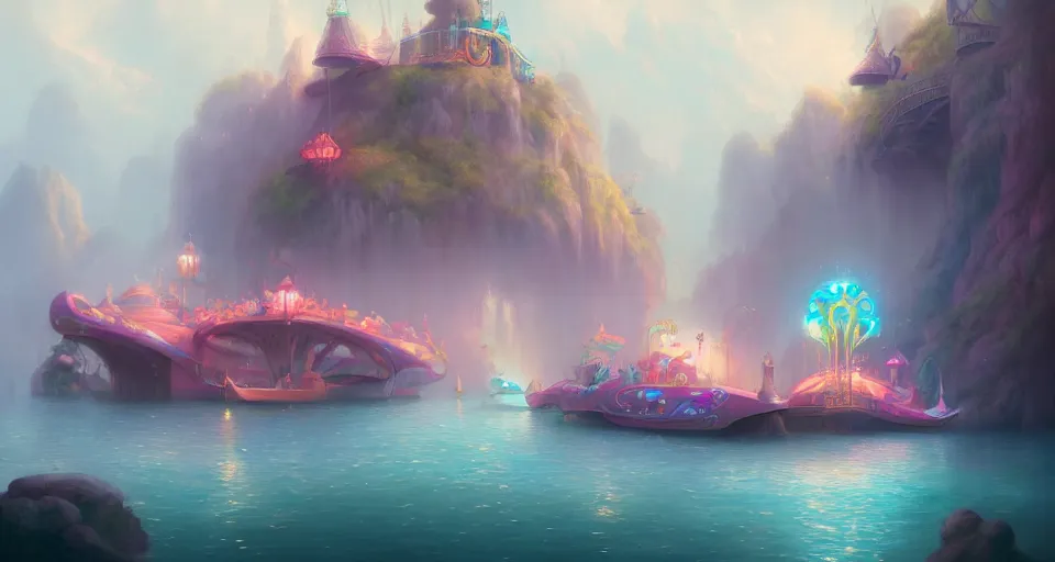 Image similar to an amusement park boat ride with pastel colors by peter mohrbacher, vivid colors, matte painting, 8K, concept art, mystical color scheme, trending on artstation